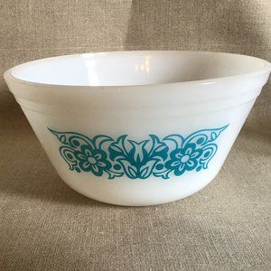 Vintage Federal Glass Milk Glass Bowl  Turquoise Flowers